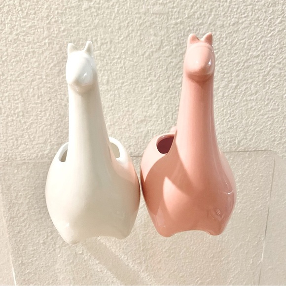 2 Pink White Llama Mini Planter Vases Porcelain Home Decor - Picture 3 of 7